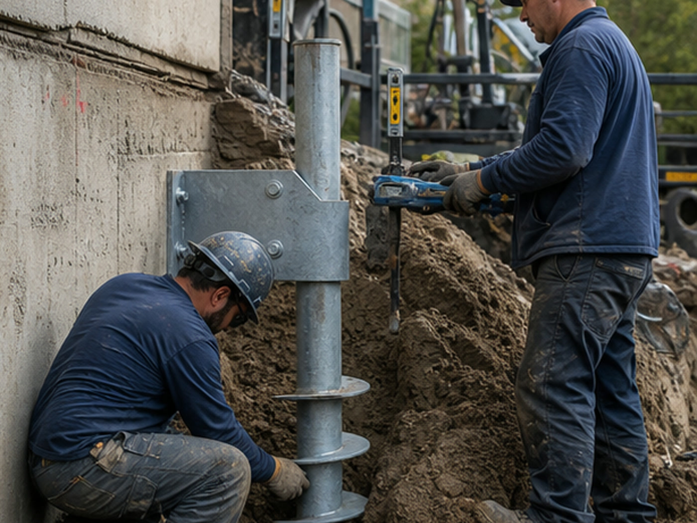 Crew installing a steel helical pier beside an existing concrete foundation