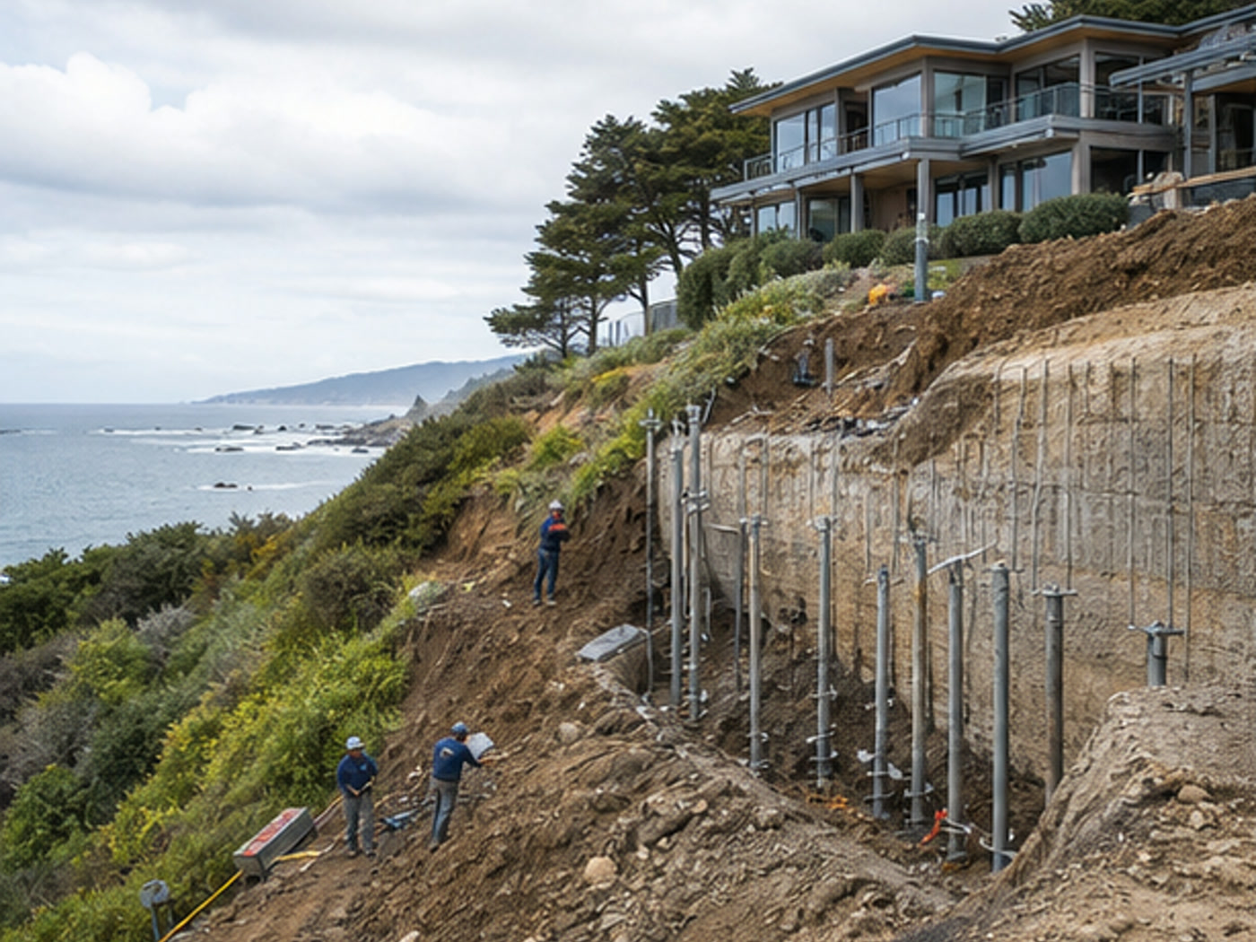 Foundation stabilization work on a steep coastal California hillside