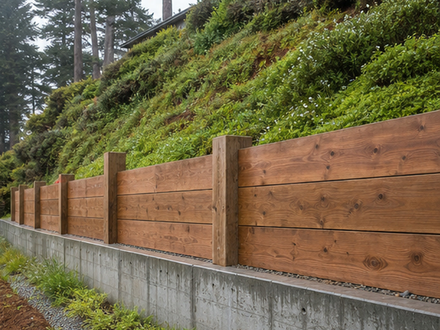 Finished timber retaining wall with a concrete lower course on a green hillside