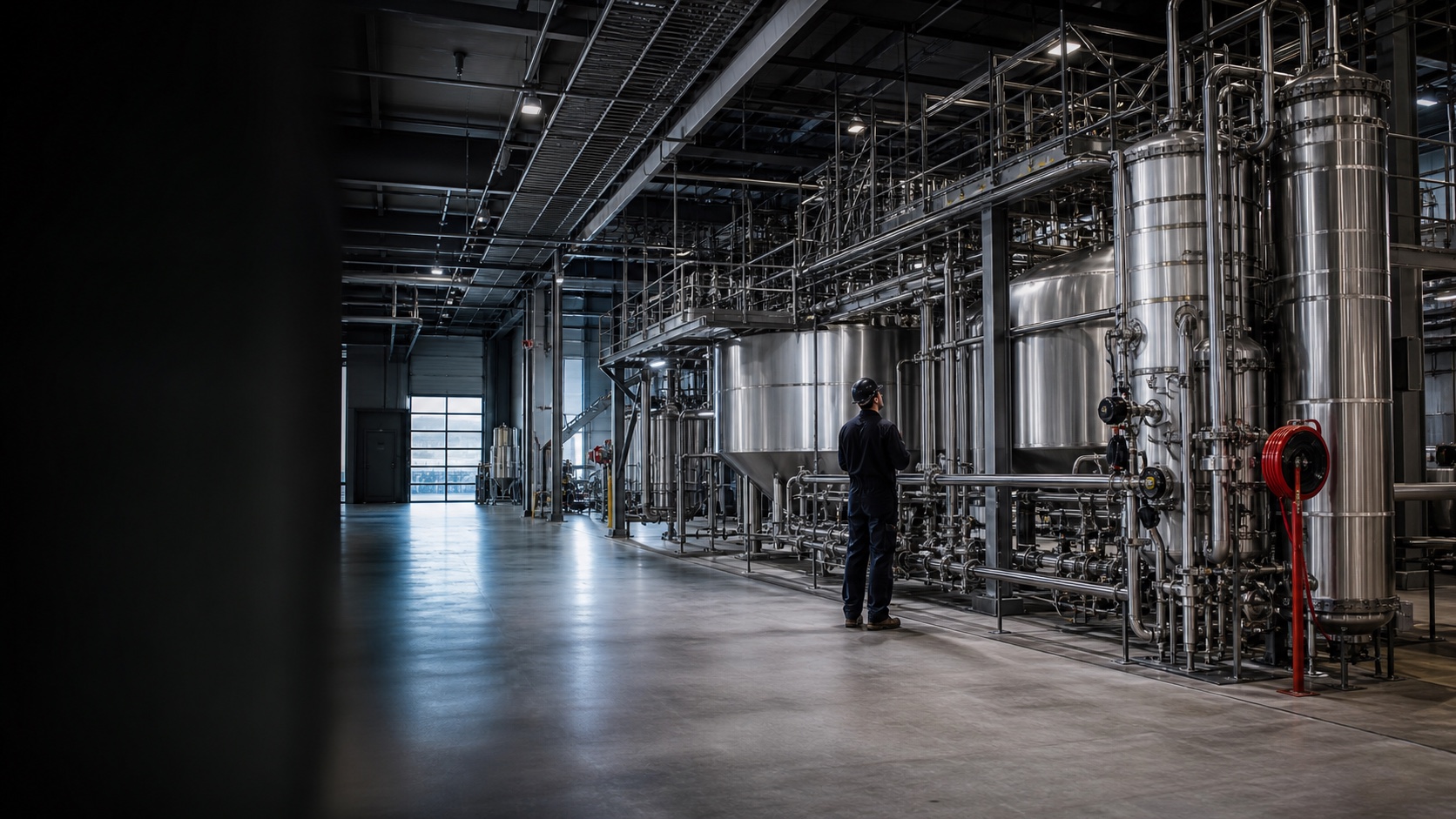 Food-processing plant with stainless process piping and an industrial technician